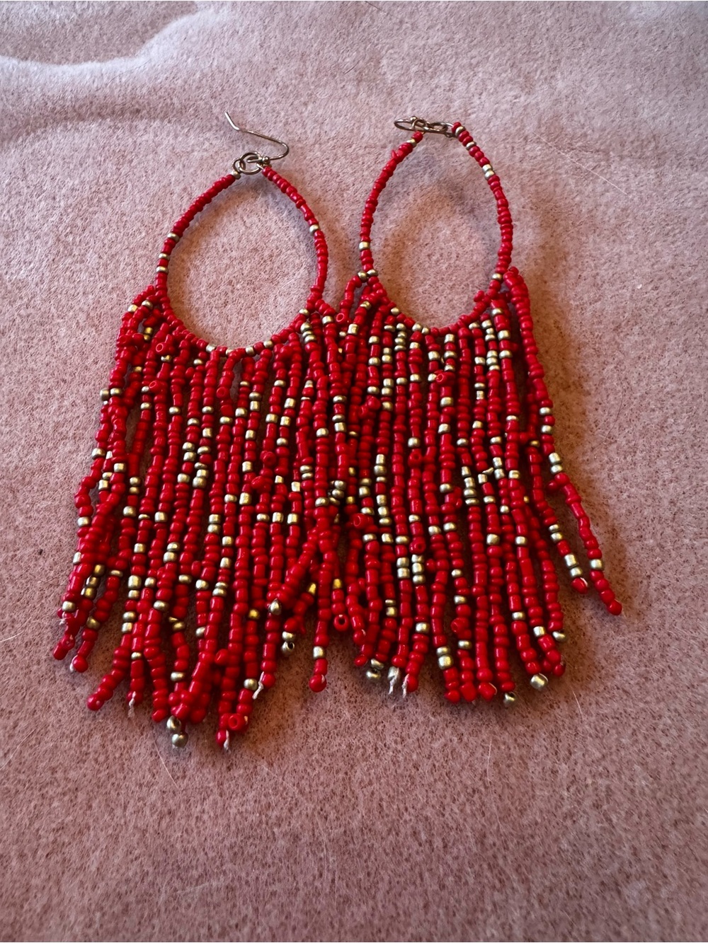 Red Beaded Fringe Hoop Earrings - Women Jewelry